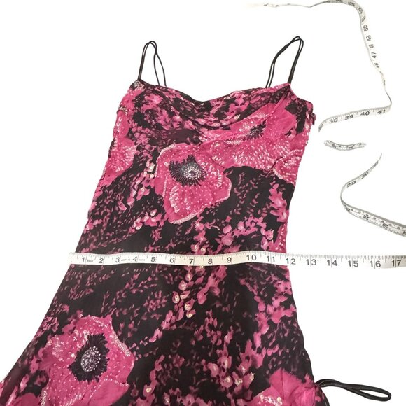 Lexus Women's Pink Black Silk Double Straps Floral Beaded Long Dress Size UK 10 - Picture 11 of 12